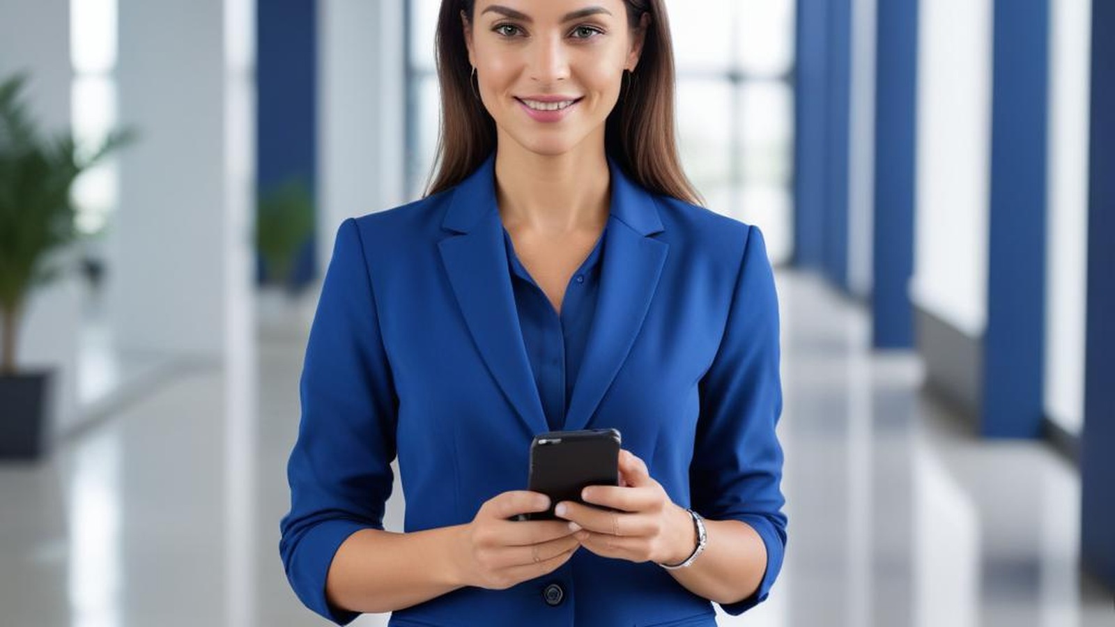 Executiva utilizando smartphone em ambiente empresarial